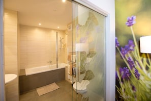 A modern bathroom with a glass shower enclosure, a bathtub, and a toilet.
