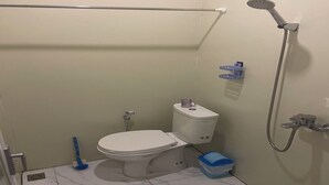 A small, compact bathroom with a toilet, a shower, and a sink.