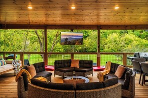 Smart TV, fireplace, foosball, books