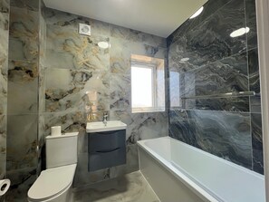 Shower, hair dryer, towels, toilet paper