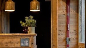 Un taulell de recepció de fusta amb una planta, un esquí adossat a la paret i una bossa al terra.
