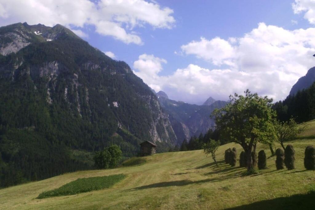 Paesaggio montuoso con una piccola baita, un prato erboso e un cielo sereno.