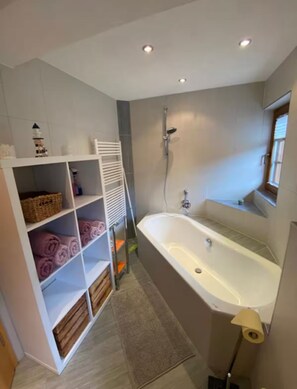 Hair dryer, towels, toilet paper