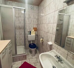 Shower, hair dryer, towels, toilet paper
