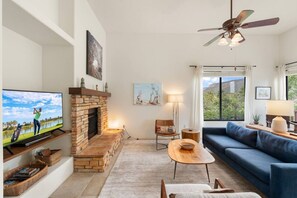 Smart TV, fireplace, books