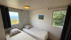 Una habitación con dos camas, una ventana con vistas, una luz en el techo e imagen colgada en la pared.