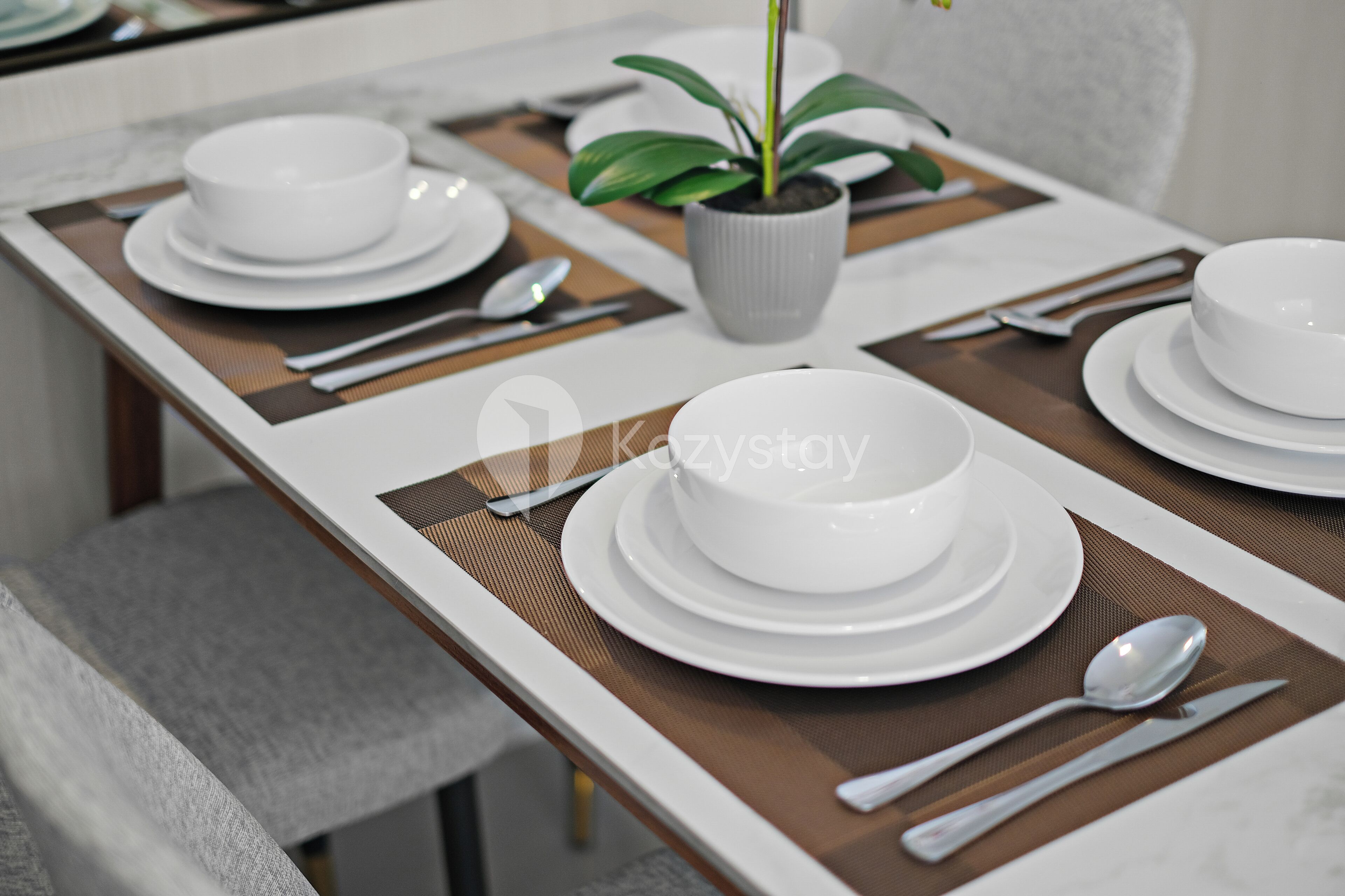 A dining table set with white plates, bowls, and cutlery, a potted plant, and a placemat.