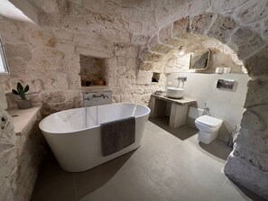 Shower, jetted tub, hair dryer, bidet