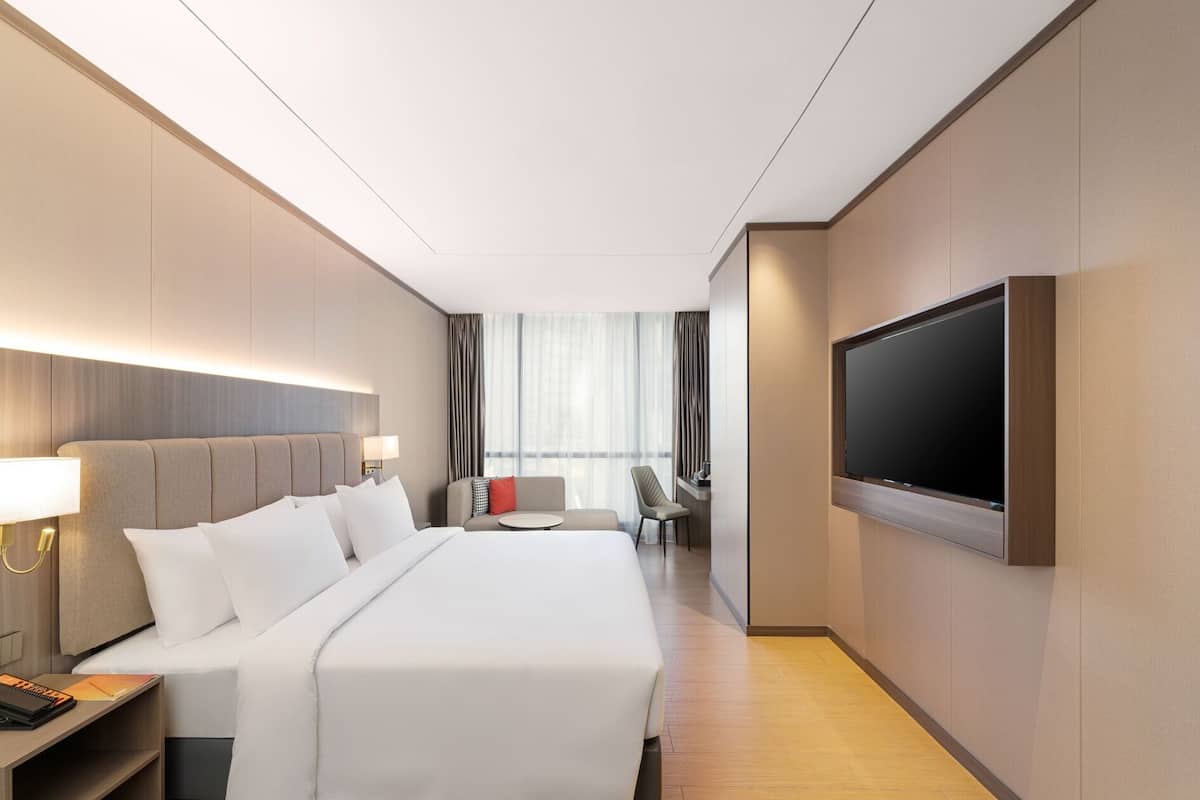 Een hotelkamer met een groot bed, een bureau met lamp, een aan de muur bevestigde televisie en uitzicht op de stad.