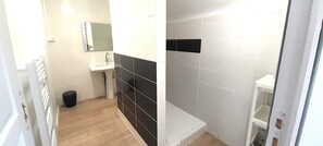 Douche, séchoir à cheveux, serviettes fournies, papier de toilette