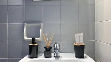 Shower, hair dryer, bidet, towels