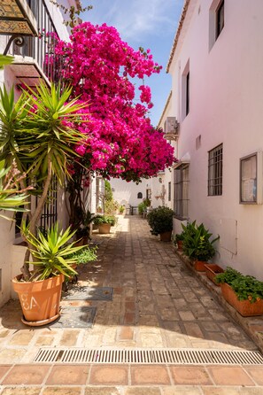 A narrow alleyway with potted plants and a pink flowering tree. - This townhouse is a 2 bedroom(s), 2 bathrooms, located in Mijas, Andalusia. (Mijas)