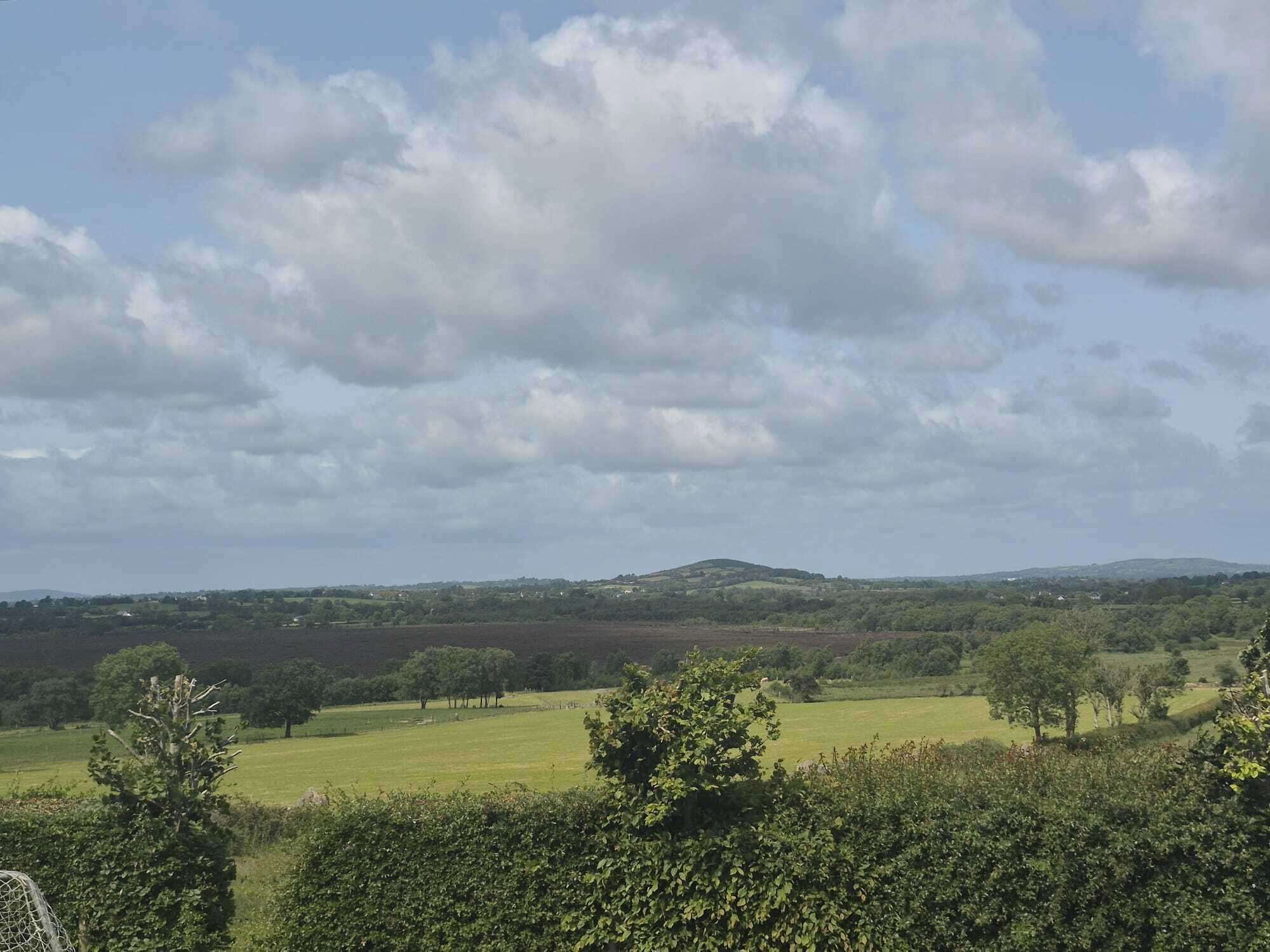 A rural landscape with rolling hills, scattered trees, and a clear sky.
