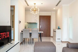 Apartment, 1 Bedroom | Living area | 43-inch Smart TV with digital channels - PD Pristine Apartment Landmark Plus (Ho Chi Minh City)