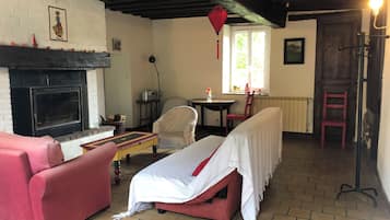 TV, caminetto, lettore DVD, libri