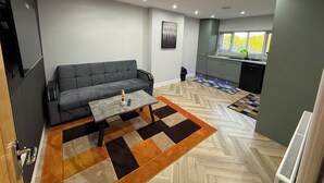 Una sala de estar moderna con un sofá gris, una mesa de centro y un tapete estampado.