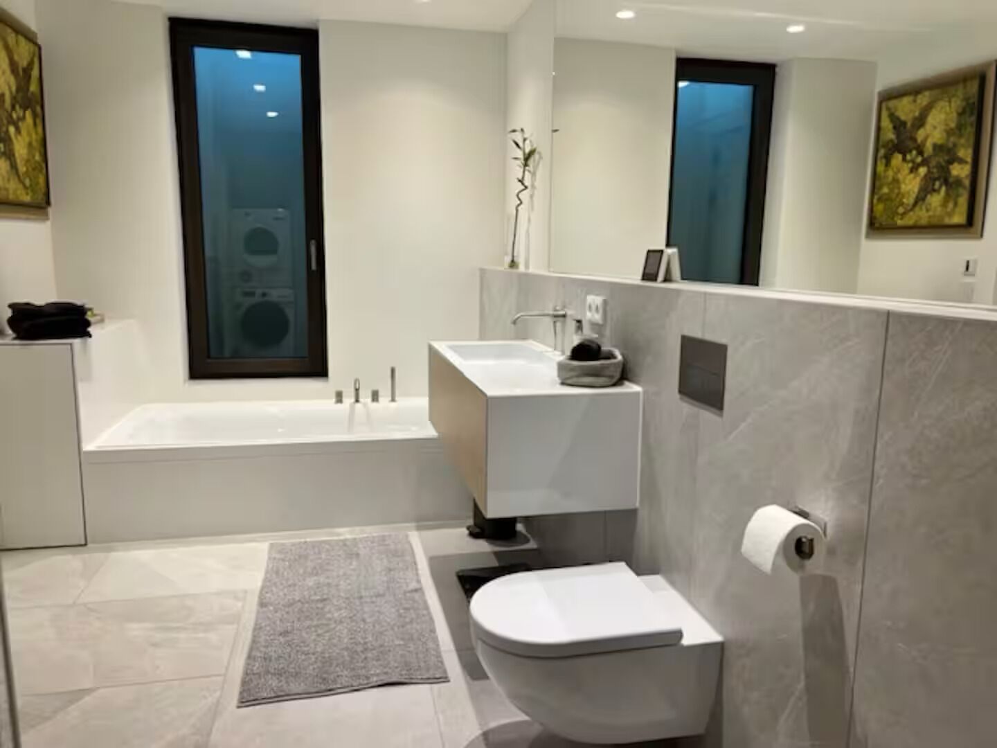 Secadora de cabello, toallas, jabón, papel de baño 