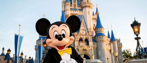 Mickey Mouse in front of a castle-like structure.