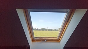 A skylight with a view of a green field and trees. - Gîte "aux nids d'hirondelles", 8 kms from the beach. (Hénansal)