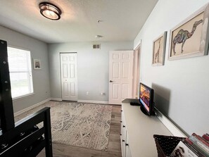 A room with a white door, a television on a stand, a patterned rug, and framed artwork on the wall.