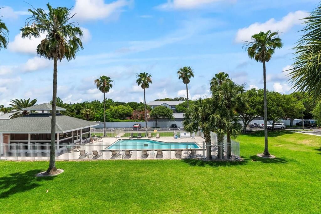 A swimming pool with lounge chairs, surrounded by palm trees and a fenced area.