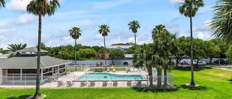 A swimming pool with lounge chairs, surrounded by palm trees and a fenced area.