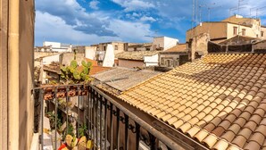 A rooftop terrace with terracotta tiles, a metal railing, and potted plants.