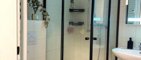 Dusche, Haartrockner, Handtücher, Seife