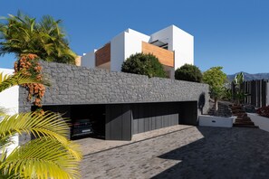 Ein modernes Gebäude mit Steinverkleidung, einer Garage und einer begrünten Anlage mit Palmen.