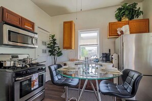 Microwave, oven, coffee/tea maker, cookware/dishes/utensils