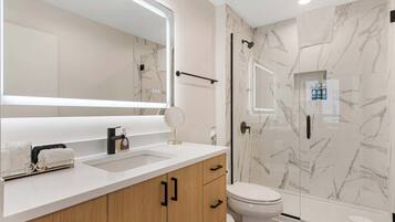 Shower, hair dryer, towels, shampoo