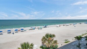 A beach with sun loungers, umbrellas, and palm trees. - Beachfront End Unit 3-Bedroom with Wrap-Around Balcony (Indian Shores)