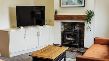 Een woonkamer met een televisie, een open haard, een bank en een salontafel.