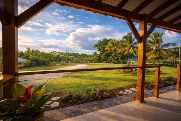 A covered outdoor area with a view of a grassy field and palm trees.