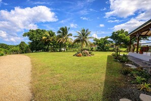 A grassy area with palm trees, a gravel path, and a building with a covered porch.