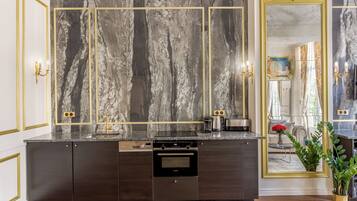 Apartment, City View | Private kitchen | Fridge, microwave, oven, stovetop