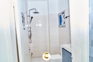 Shower, towels, soap, toilet paper