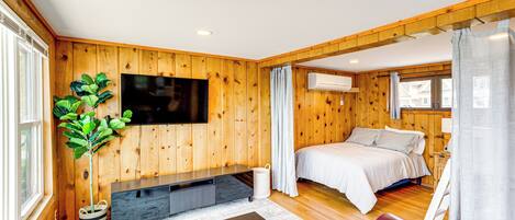 A wooden-paneled room with a bed, a TV, a plant, and a red leather couch.