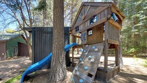 A wooden playhouse with a slide and climbing wall, surrounded by trees. - Hike, Bike & Explore: Woodsy Retreat in Mt Laguna! (Mount Laguna)