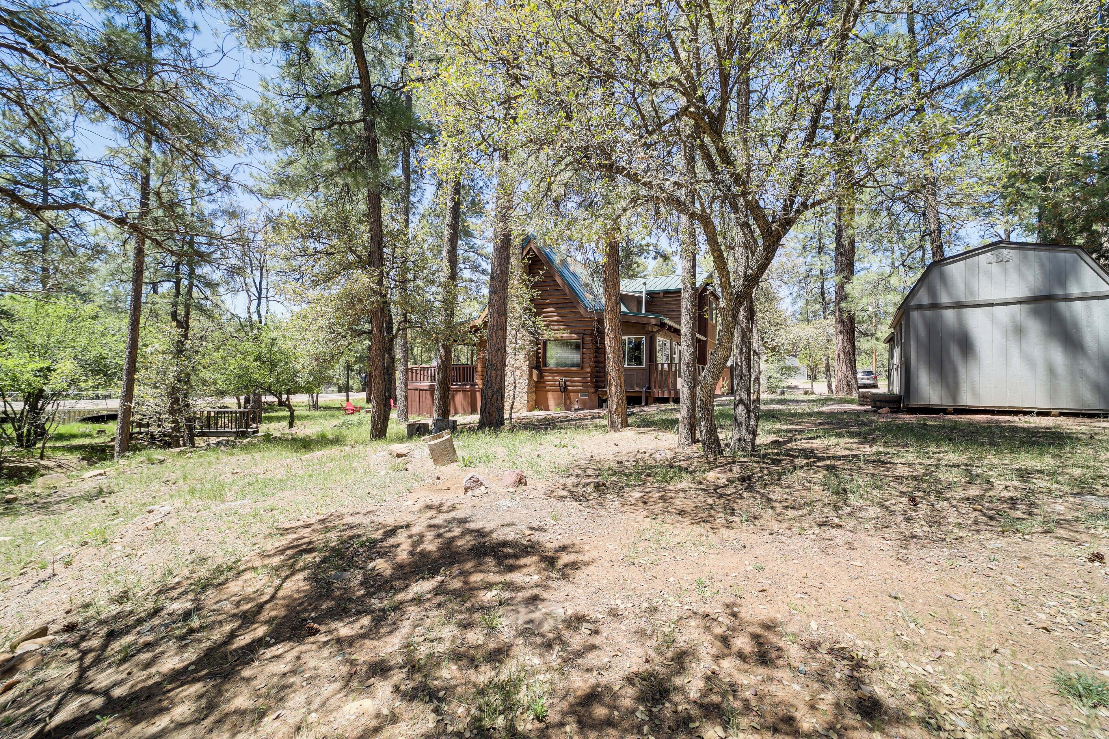 A rustic cabin surrounded by tall trees, with a large shed nearby.