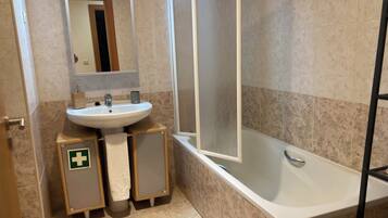 Hair dryer, bidet, towels, soap