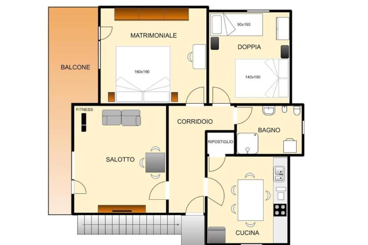 Plano de planta con balcón, zona de gimnasio, sala de estar, cocina, comedor, baño y un dormitorio pequeño.
