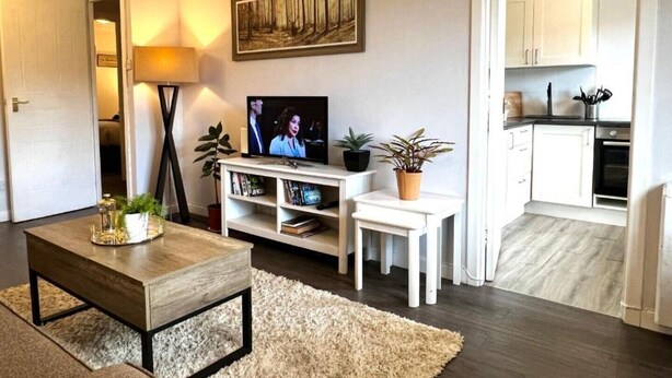 Un salon avec un téléviseur, une table basse, une bibliothèque et un tableau accroché au mur.