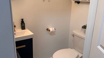 A bathroom with a toilet, sink, and a wall-mounted mirror.