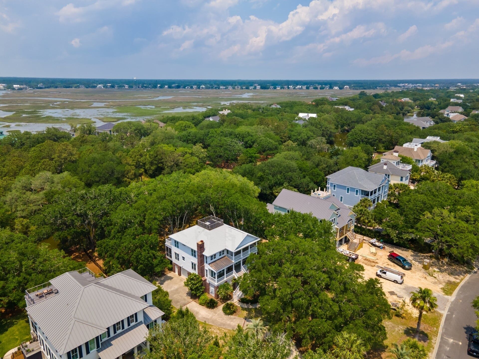 A residential area with houses surrounded by dense greenery and a distant view of a water body.
