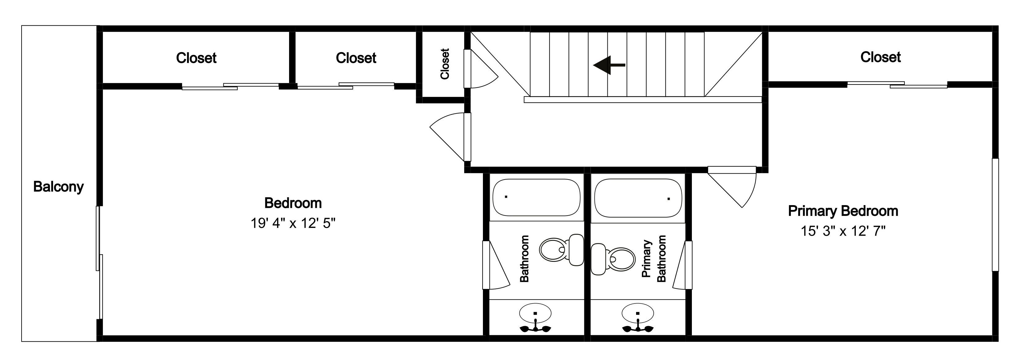 Een plattegrond met een balkon, een slaapkamer van 5,9 meter bij 3,8 meter, een hoofdslaapkamer van 4,6 meter bij 3,8 meter, en twee inloopkasten.