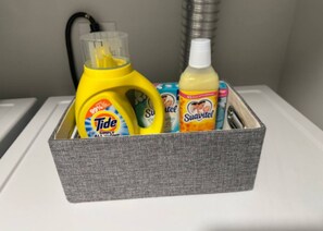 Hair dryer, towels, soap, shampoo