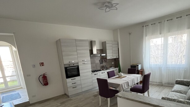 Un espacio habitable compacto con kitchenette, comedor y sofá.
