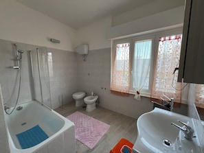 Chuveiro, secador de cabelo, bidê, toalhas de banho
