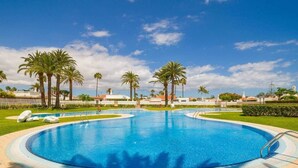 Ein großer, runder Swimmingpool mit glasklar blauem Wasser, umgeben von Palmen und einem gepflegten Rasen.